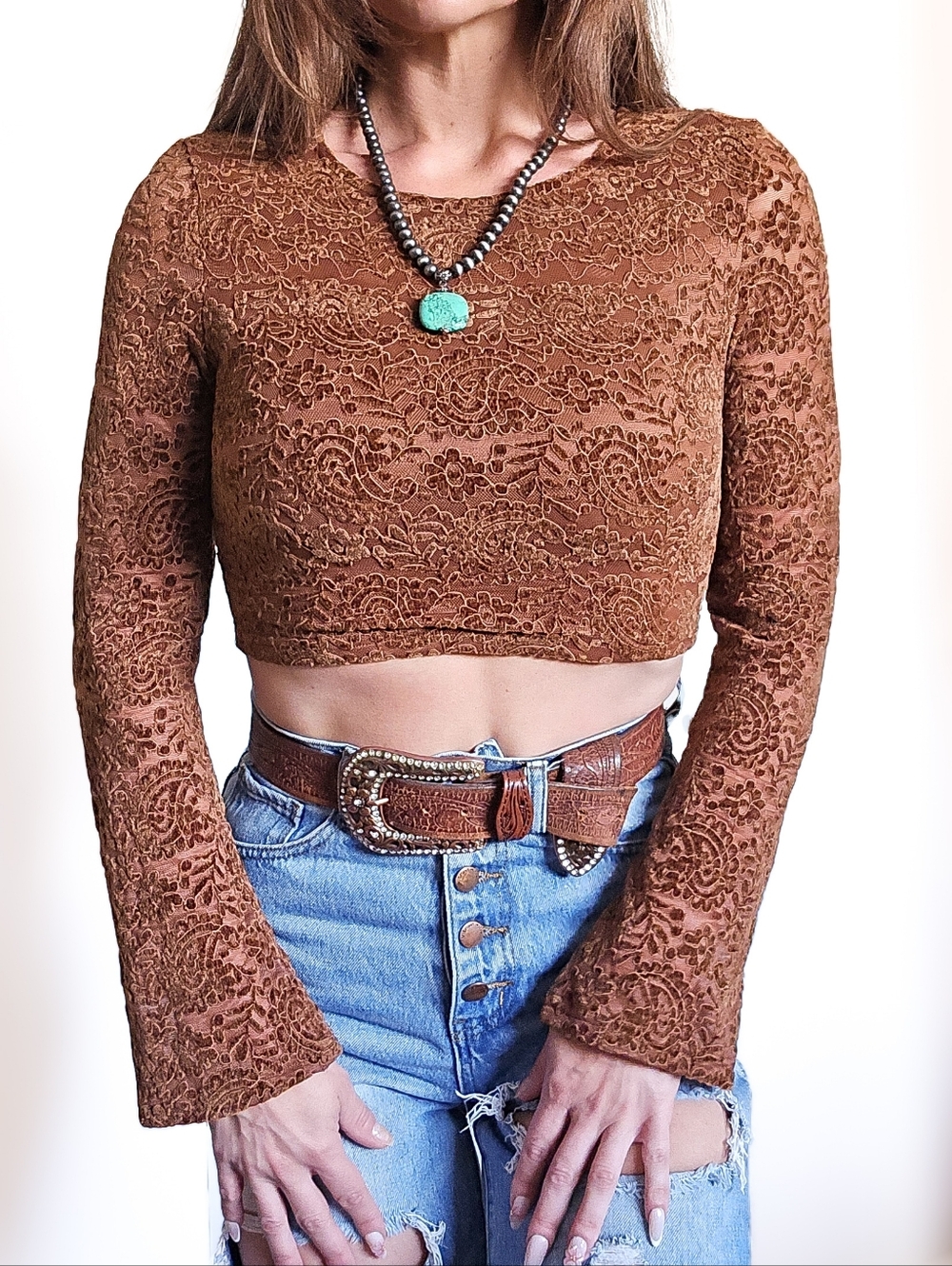 Cider Brown Lace Mesh Long Sleeve Crop Top Boho Western Bell Sleeve Size S Rust